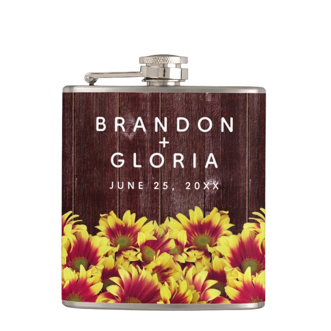 Rustic Autumn Sunflowers on Fence Wedding Hip Flask (Front)