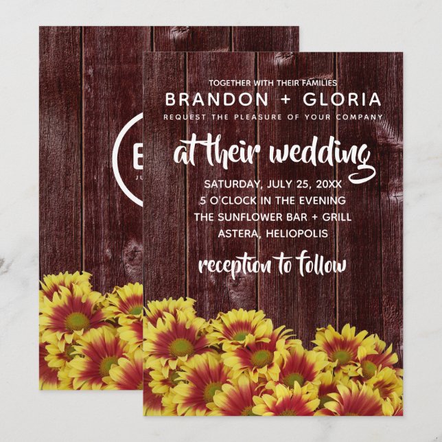 Rustic Autumn Sunflowers on Fence Wedding Invitation (Front/Back)