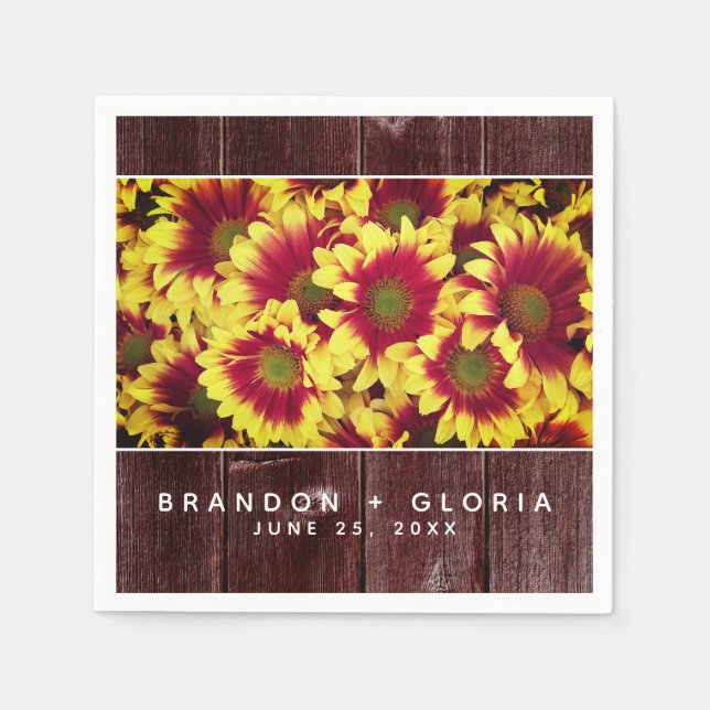 Rustic Autumn Sunflowers on Fence Wedding Napkin (Front)