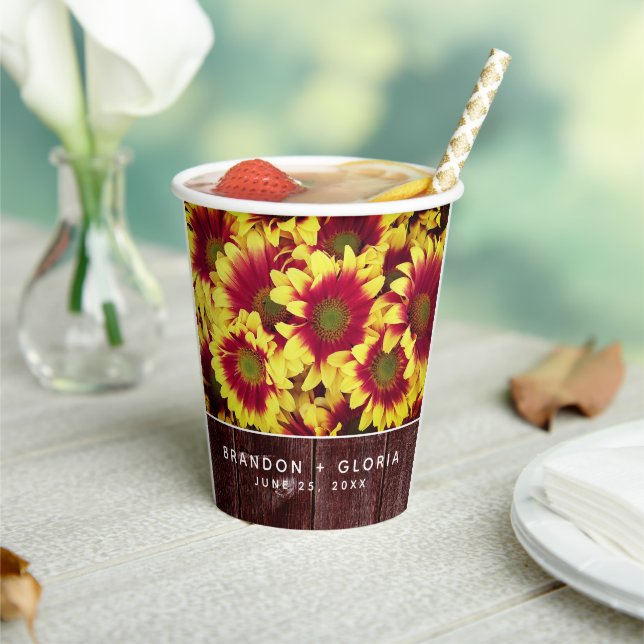 Rustic Autumn Sunflowers on Fence Wedding Paper Cups (Insitu)