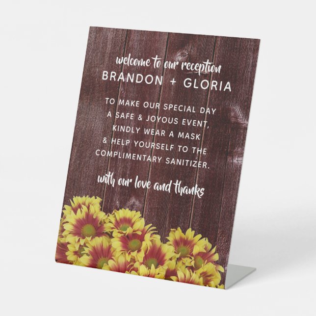 Rustic Autumn Sunflowers on Fence Wedding Pedestal Sign (Front)
