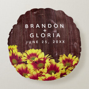 Rustic Autumn Sunflowers on Fence Wedding Round Cushion