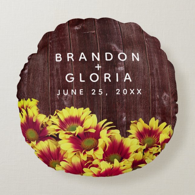 Rustic Autumn Sunflowers on Fence Wedding Round Cushion (Front)