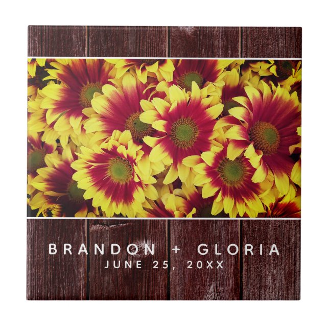 Rustic Autumn Sunflowers on Fence Wedding Tile (Front)