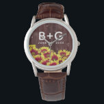 Rustic Autumn Sunflowers on Fence Wedding Watch<br><div class="desc">Add a touch of vintage charm to your special day with this floral-themed wedding wristwatch, which features a fall-blooming medley of vivid, two-tone mini sunflowers set on a weathered fence. Add newlyweds' initials and wedding date. A great keepsake for rustic and autumn wedding themes! Design © W.H. Sim. See more...</div>