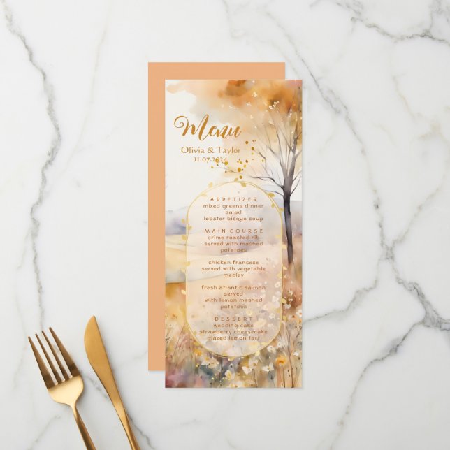 Rustic Autumn Terracotta Earth Tones Wedding Menu (Front/Back In Situ)