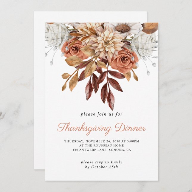 Rustic Autumn Terracotta Floral Thanksgiving  Invitation (Front/Back)
