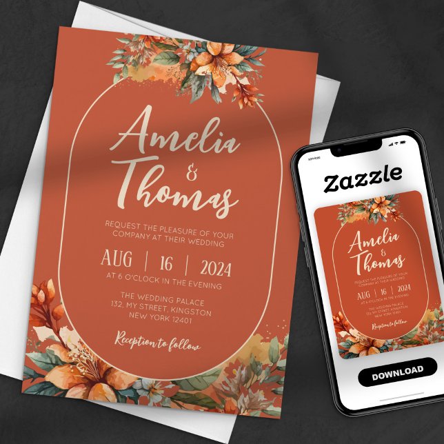 Rustic Autumn Terracotta Watercolor Floral Wedding Invitation (Creator Uploaded)