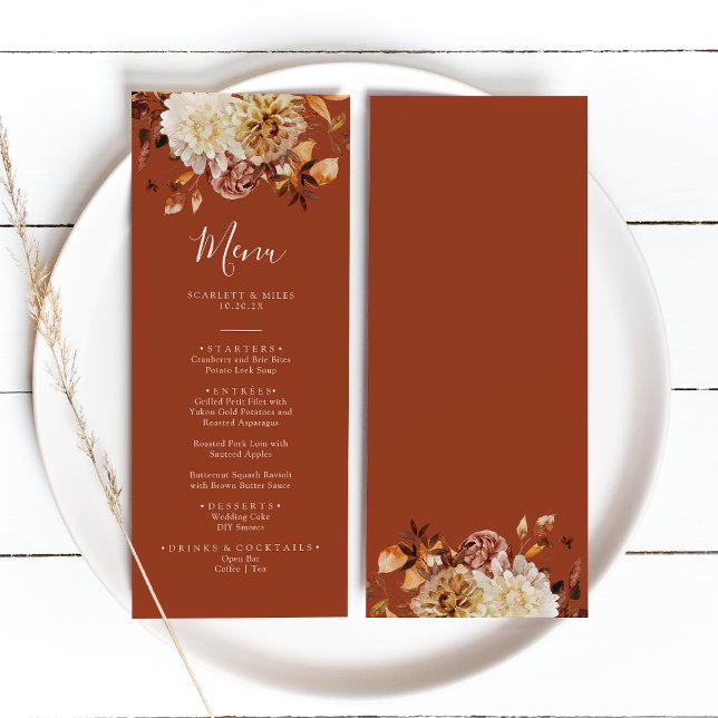  Rustic Autumn Terracotta Wedding Menu (Rustic Foral Autumn Leaves Terracotta Wedding Menu by Painted Paperie
)