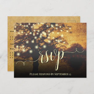 Rustic Autumn Tree & Lights Parchment Wedding RSVP Postcard