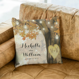 Rustic Autumn Tree Monogram Newlywed Couple Cushion