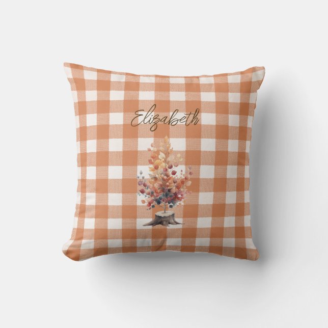Rustic Autumn Tree Personalised Gingham  Cushion (Front)