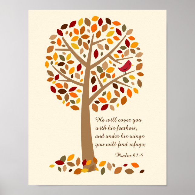 Rustic Autumn Tree Psalm 91 Christian Bible Verse Poster (Front)