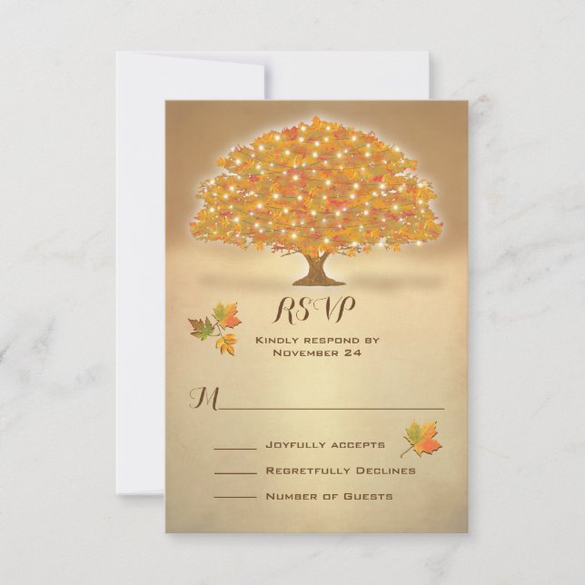 Rustic Autumn Tree RSVP with twinkle lights (Front)