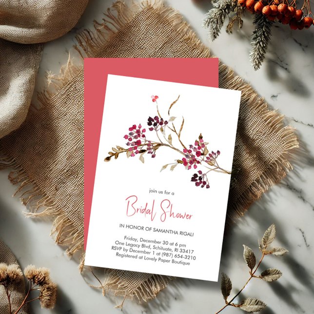 Rustic Autumn Watercolor Bridal Shower Invitation (Rustic bridal shower invitations botanical red berries and leaves)
