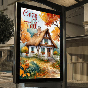 Rustic Autumn Watercolor Cottage Trees Garden Poster