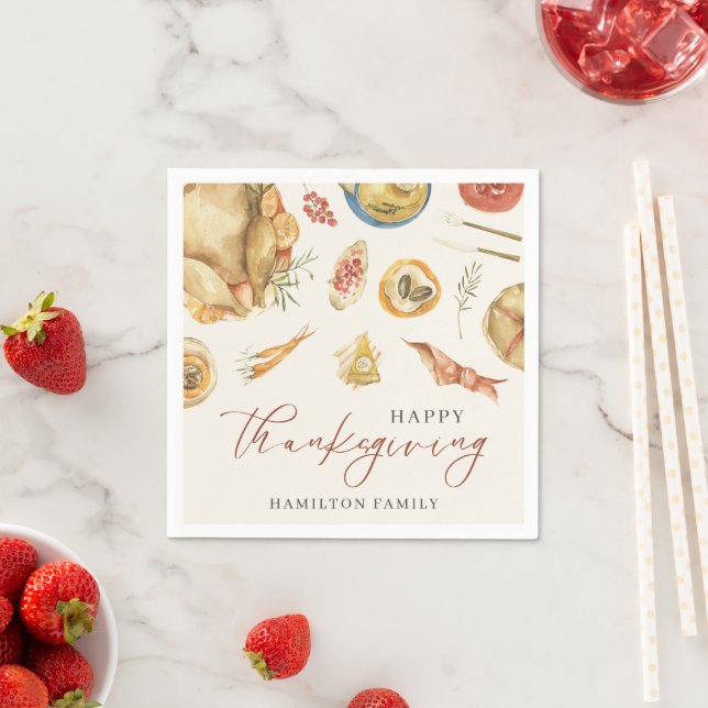 Rustic Autumn Watercolor Fall Turkey Thanksgiving Napkin (Insitu)