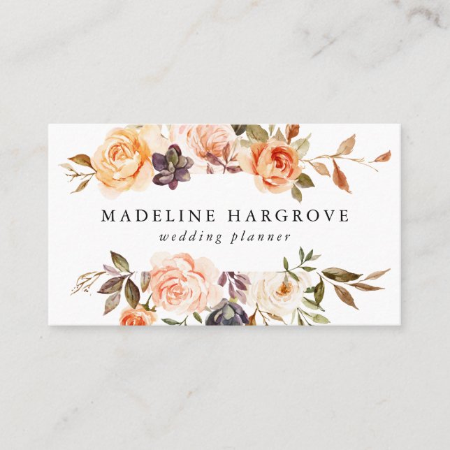 Rustic Autumn Watercolor Floral Business Card (Front)
