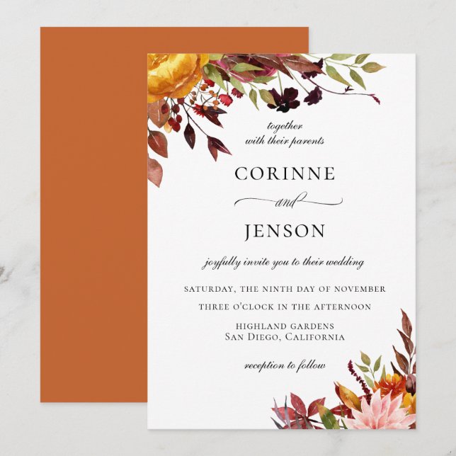Rustic Autumn Watercolor Floral Foliage Wedding Invitation (Front/Back)