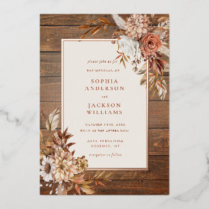 Rustic Autumn Watercolor Floral Wedding Foil Inv