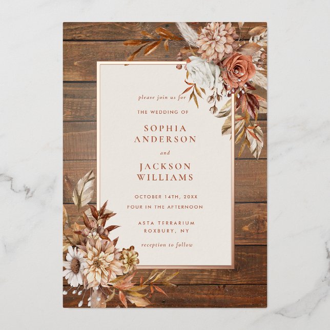 Rustic Autumn Watercolor Floral Wedding   Foil Inv (Front)