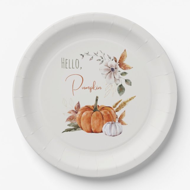 Rustic Autumn Watercolor Hello Pumpkin Paper Plate (Front)