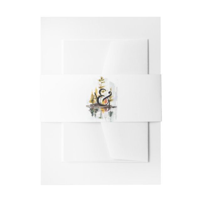 Rustic Autumn Watercolor Pine Wedding Monogram Invitation Belly Band (Front Example)