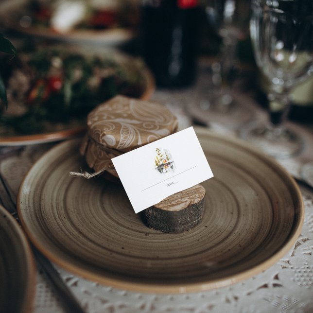 Rustic Autumn Watercolor Pines Wedding Place Card (Creator Uploaded)