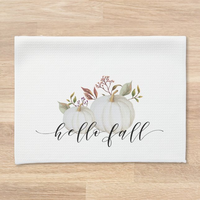 Rustic Autumn Watercolor White Pumpkins Tea Towel (Creator Uploaded)