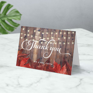 Rustic Autumn Wedding Red Leaves & String Lights Thank You Card