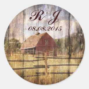 rustic autumn western country red barn wedding classic round sticker
