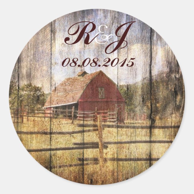 rustic autumn western country red barn wedding classic round sticker (Front)