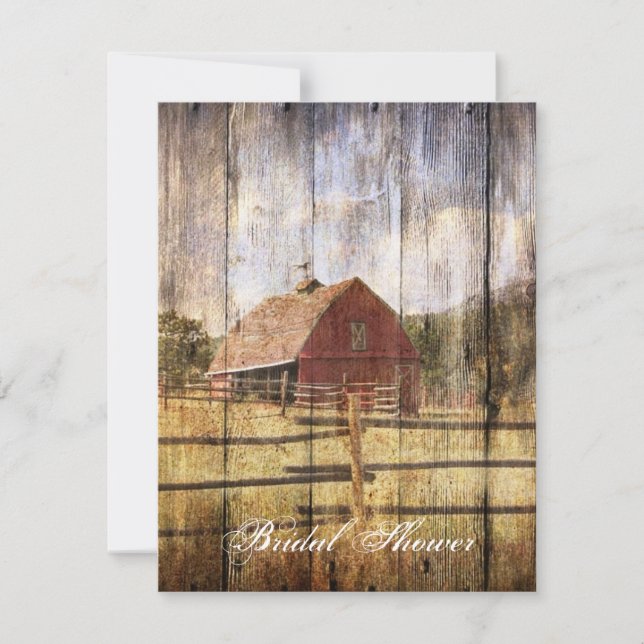 rustic autumn western country red barn wedding invitation (Front)