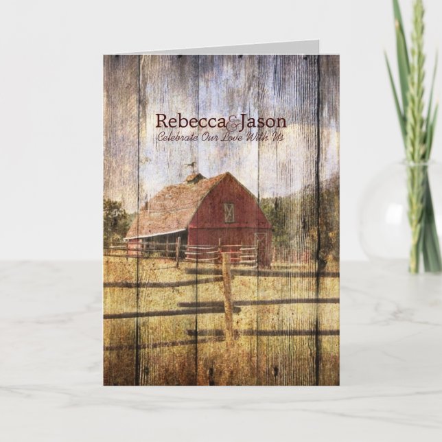 rustic autumn western country red barn wedding invitation (Front)