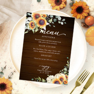 Rustic Autumn White Pumpkin Sunflower Wedding Menu Invitation