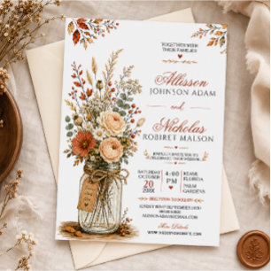 Rustic Autumn Wildflower Mason Jar Wedding Invitation