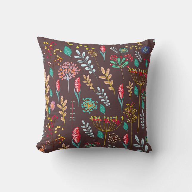 Rustic Autumn Wildflower Meadow on Chocolate Brown Cushion (Front)