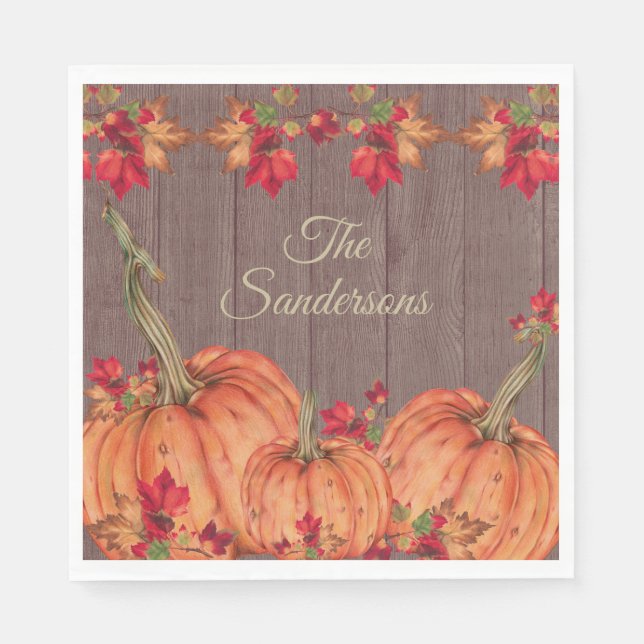 Rustic Autumn Wood Orange Pumpkins Fall Leaves  Napkin (Front)