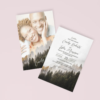 ©Rustic Autumn Woodland Forest Pine Photo Wedding Invitation
