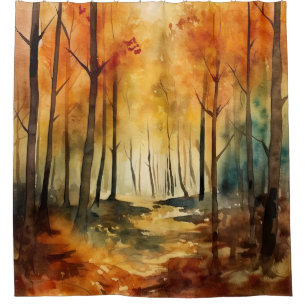 Rustic Autumn Woodland Watercolor Tree Pattern Shower Curtain