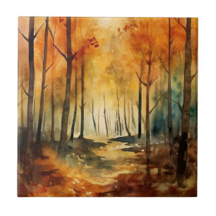 Rustic Autumn Woodland Watercolor Tree Pattern Tile