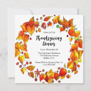 Rustic Autumn Wreath Colourful Thanksgiving Dinner Invitation