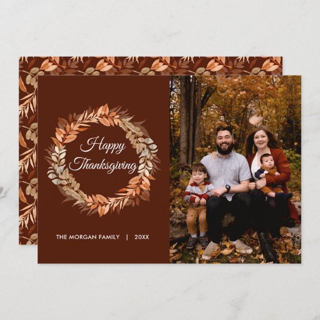 Rustic Autumn Wreath Leaves Thanksgiving Photo Holiday Card (Front/Back)
