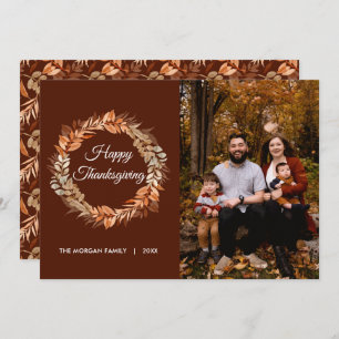 Rustic Autumn Wreath Leaves Thanksgiving Photo Holiday Card