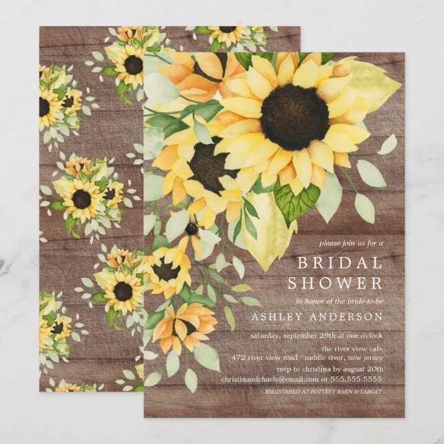 Rustic Autumn Yellow Sunflower Bridal Shower Invitation (Front/Back)