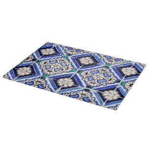 Rustic Azulejo Spanish Pattern Tiles Navy White Cutting Board