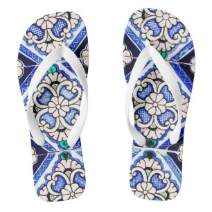 Rustic Azulejo Spanish Pattern Tiles Navy White Flip Flops