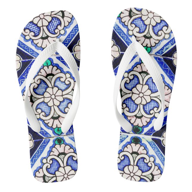 Rustic Azulejo Spanish Pattern Tiles Navy White Flip Flops (Footbed)