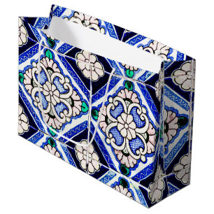 Rustic Azulejo Spanish Pattern Tiles Navy White Large Gift Bag