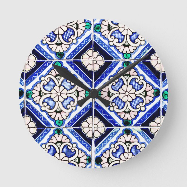 Rustic Azulejo Spanish Pattern Tiles Navy White Round Clock (Front)